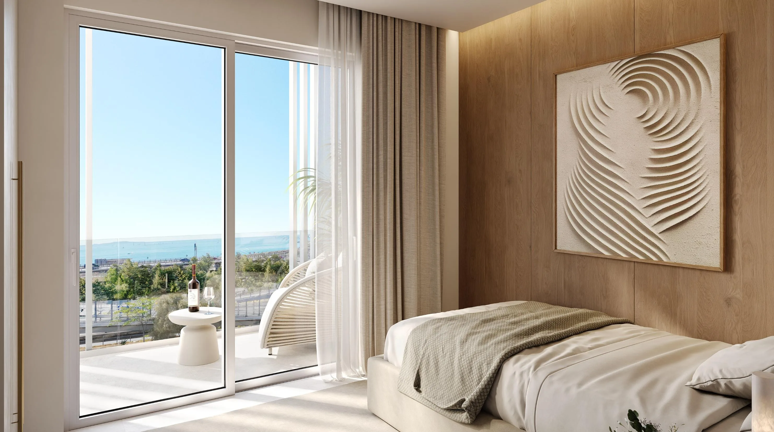 Designer bedroom with contemporary finishes and natural light