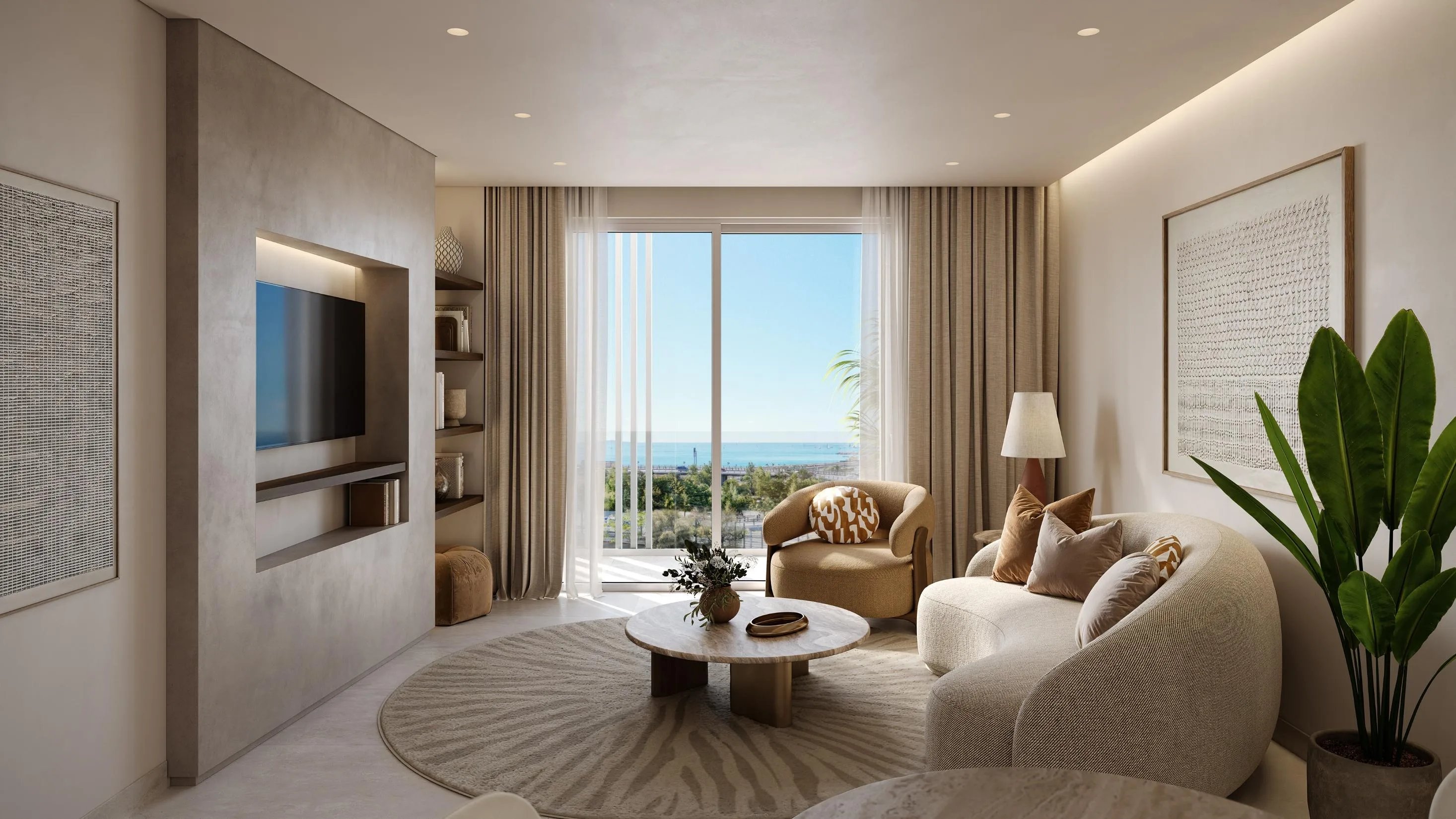 Contemporary residence interior with panoramic windows and modern finishes