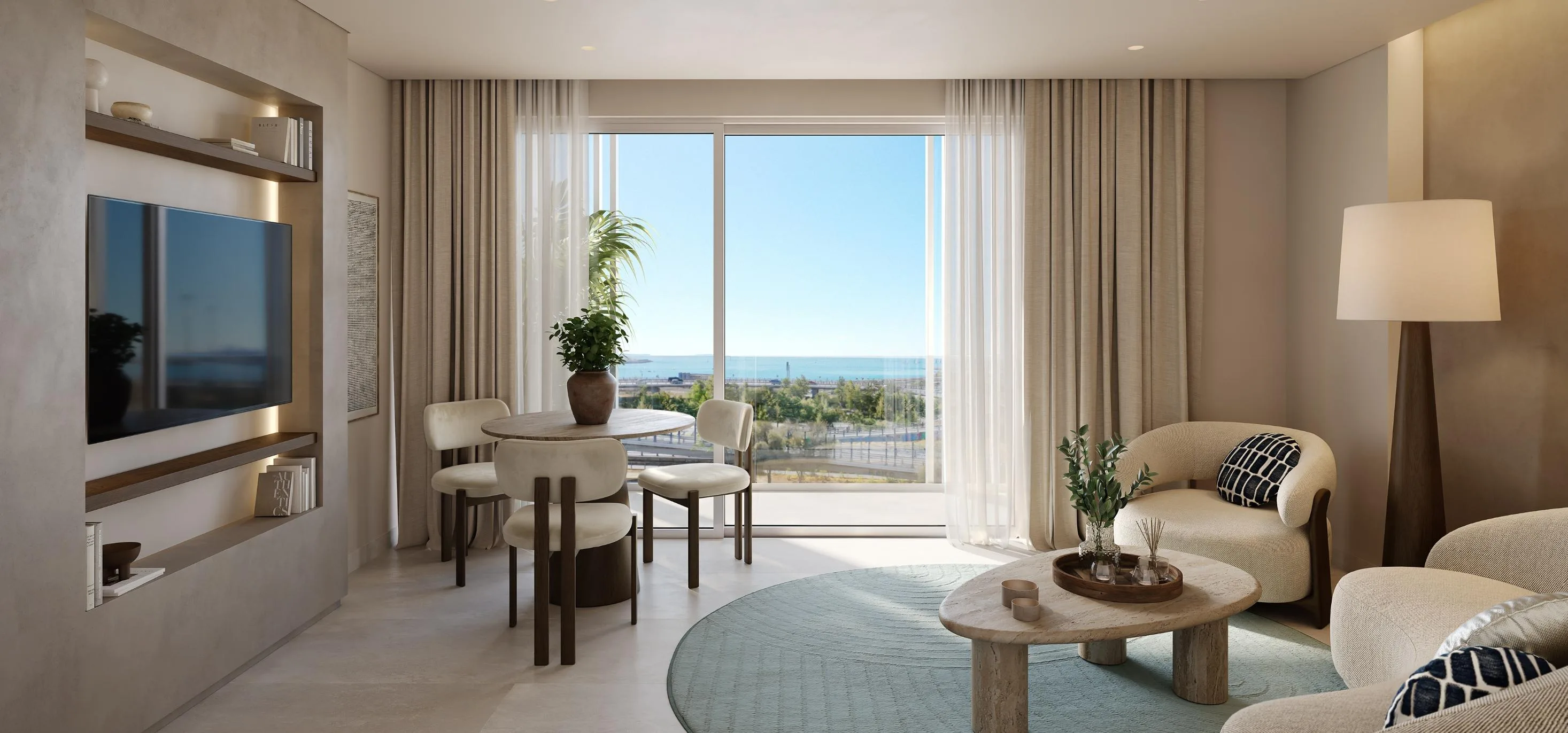 Open-plan living and dining area with panoramic windows
