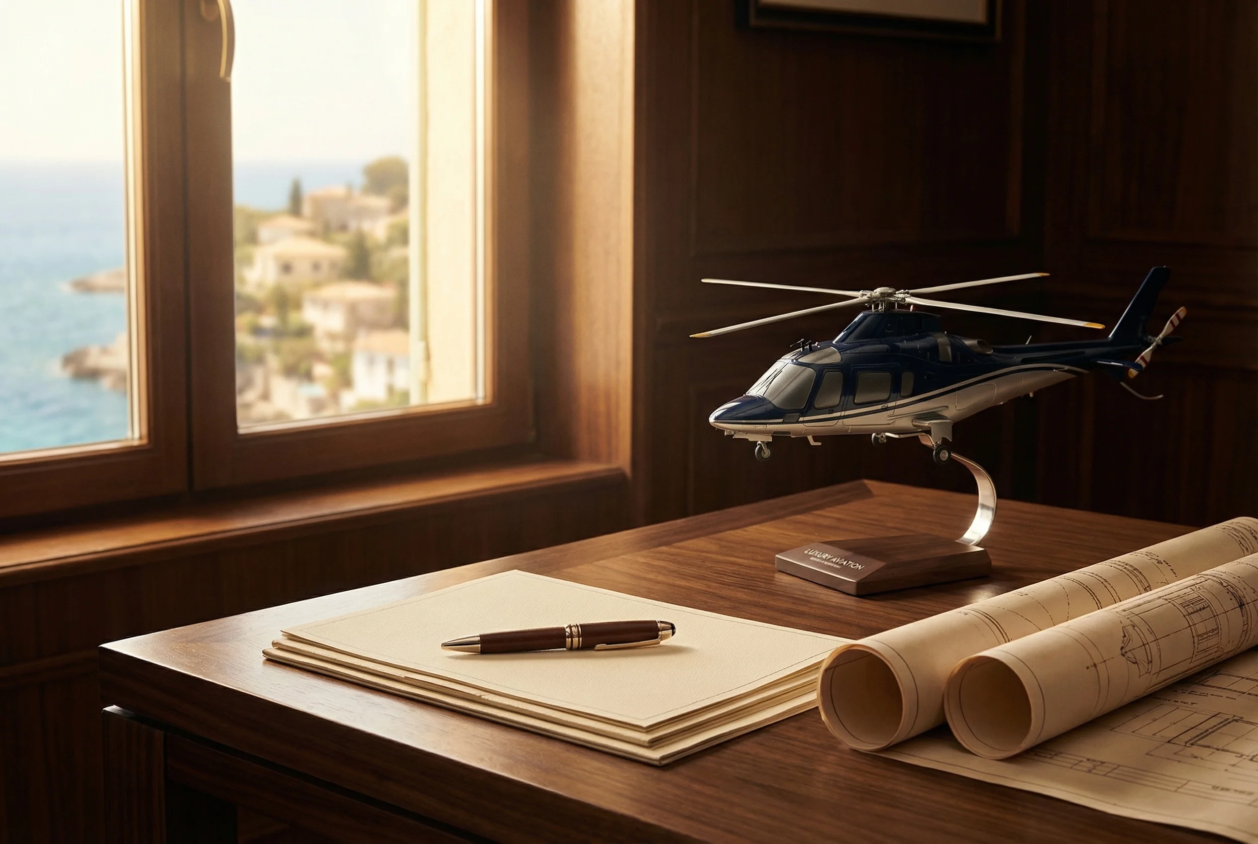 Aviation advisory documents and helicopter model on a walnut desk