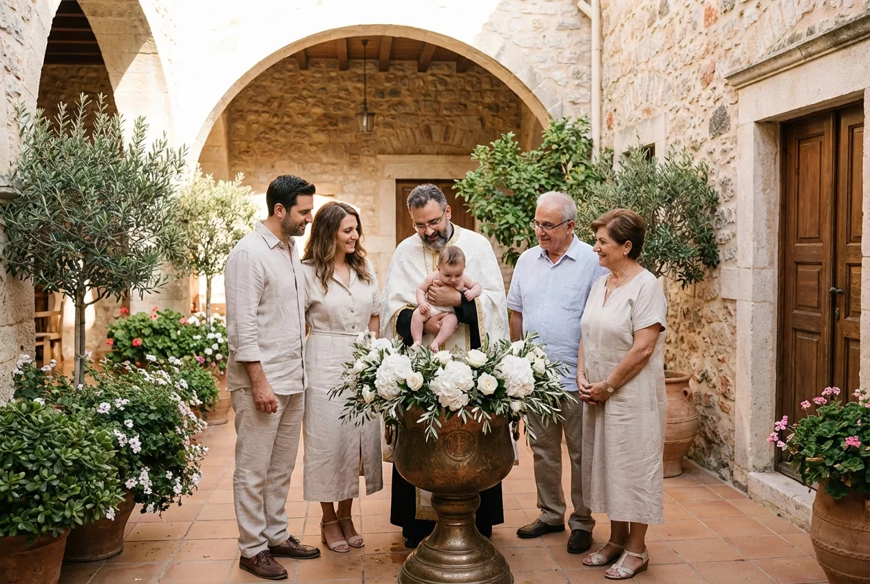 Intimate baptism ceremony in a Mediterranean garden