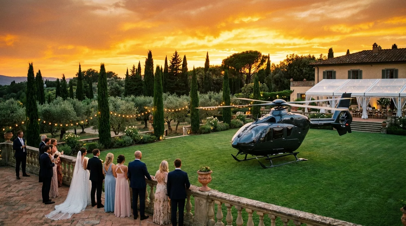 Private helicopter landing near a luxury wedding venue at sunset