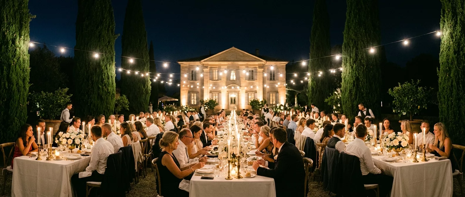 Panoramic view of a luxury outdoor wedding reception at night in a Mediterranean garden estate