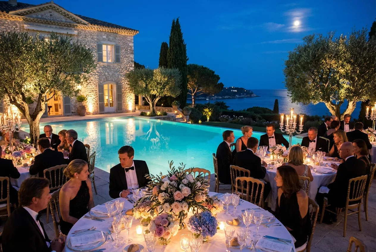 Private gala dinner at a luxury estate with pool reflections