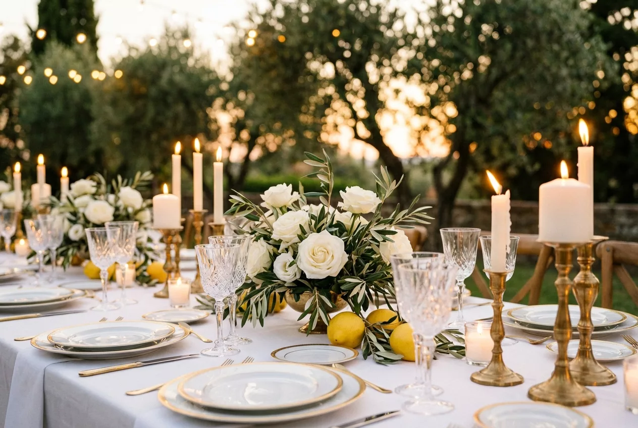 Elegantly set dinner table with gold accents and candlelight
