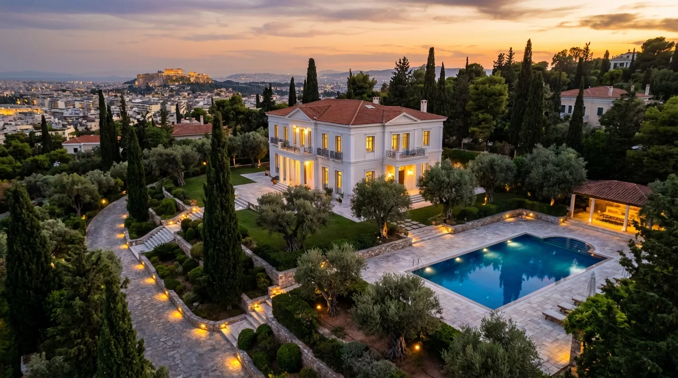 Aerial view of a Mediterranean garden estate at dusk