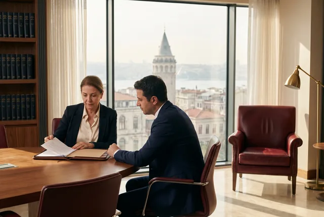 Private legal advisory in an Istanbul office, leather portfolio under review with the Bosphorus in soft haze beyond
