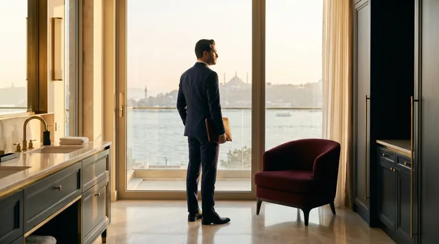 A tailored figure at a Bosphorus penthouse window at golden hour