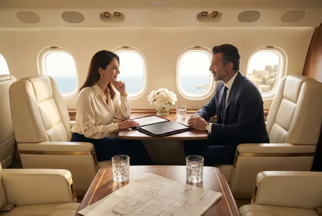 A composed couple in a private jet cabin, leather portfolio open between them