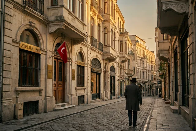 A restored 19th-century Beyoğlu boutique street facade in Istanbul at golden hour