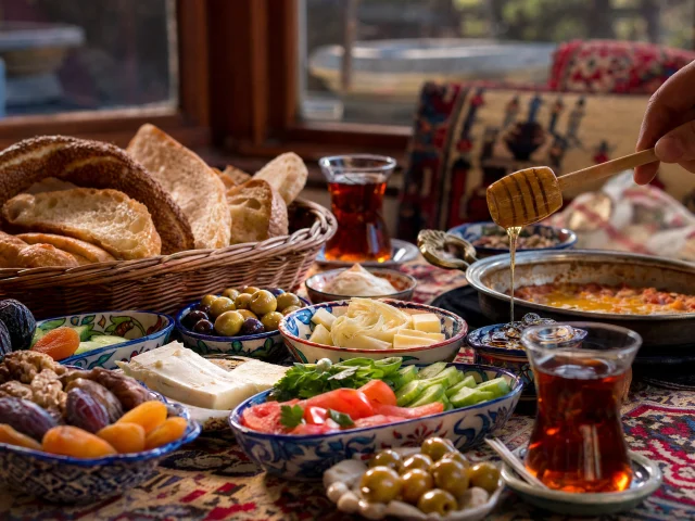 A traditional Turkish kahvaltı breakfast with cheeses, olives, simit, and brewed çay on a marble terrace table