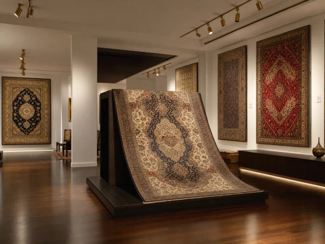 The interior of a luxury Turkish carpet boutique with stacked Hereke silk and kilim rugs