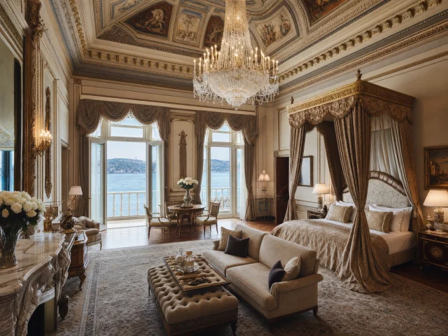 A palace-style hotel suite in Istanbul with marble, gilt detailing, and a private balcony onto the Bosphorus