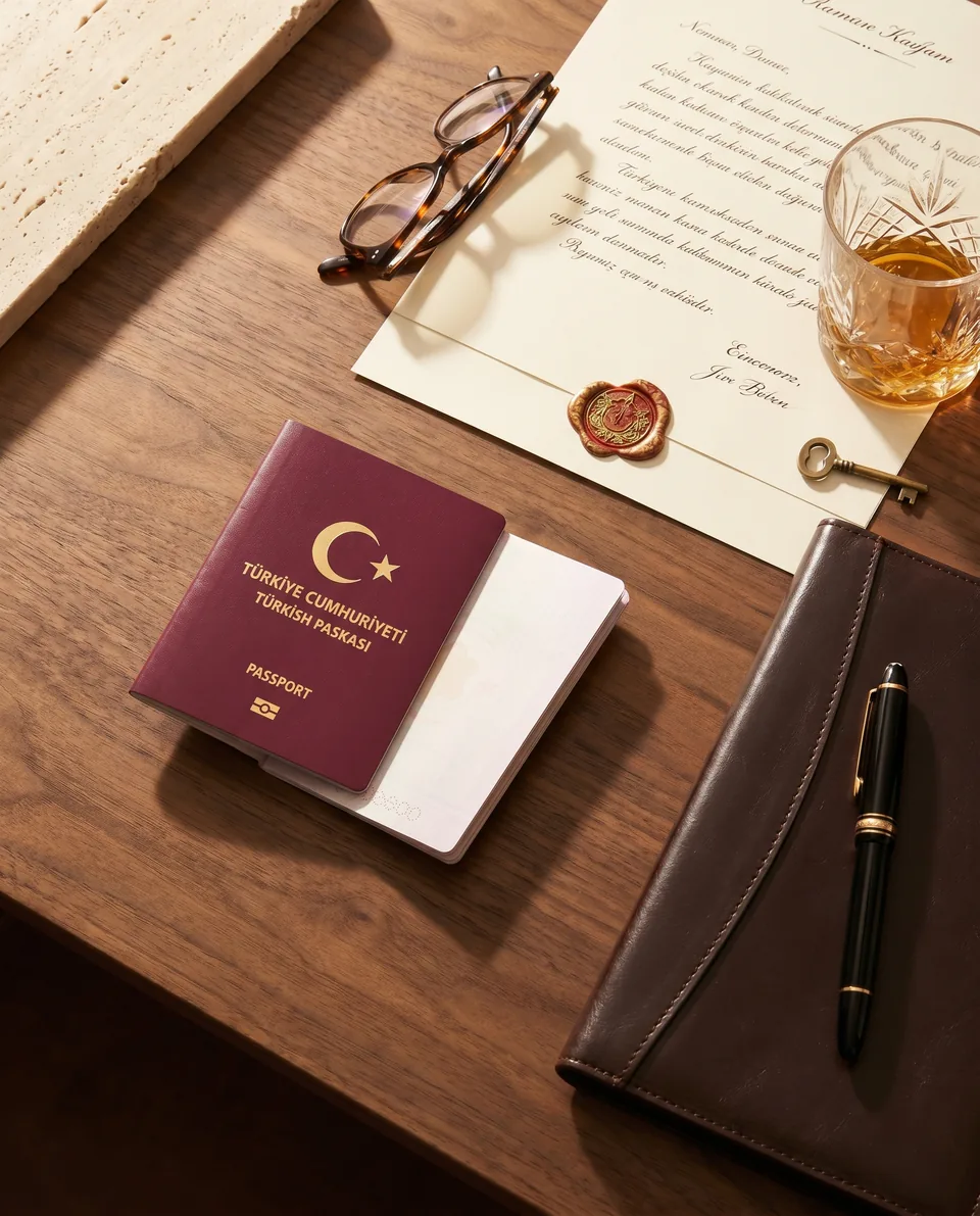 A Turkish passport on a polished walnut desk, beside a notarised document, fountain pen, and reading glasses
