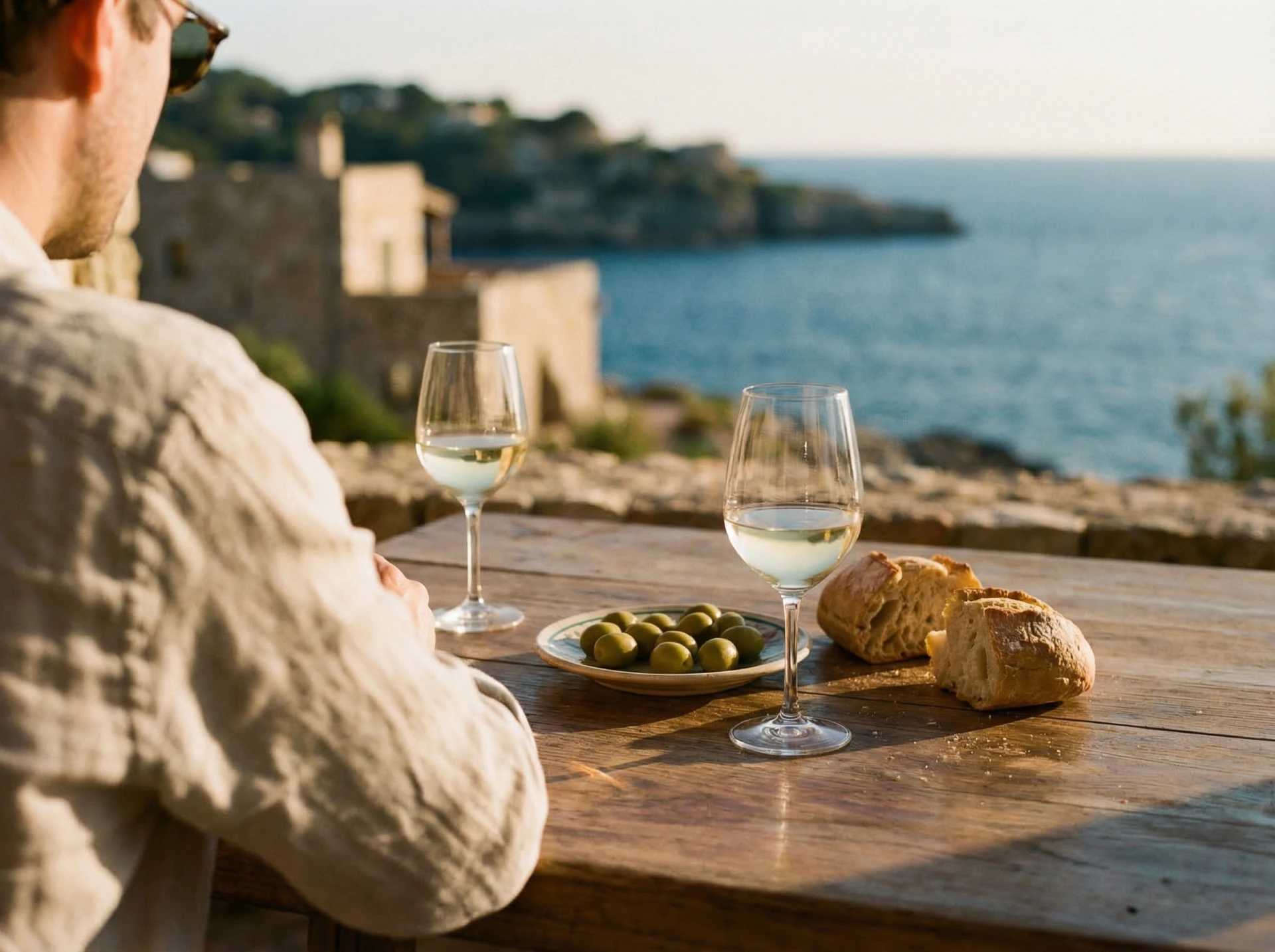 Wine glasses and olives on wooden table in late Mediterranean afternoon light