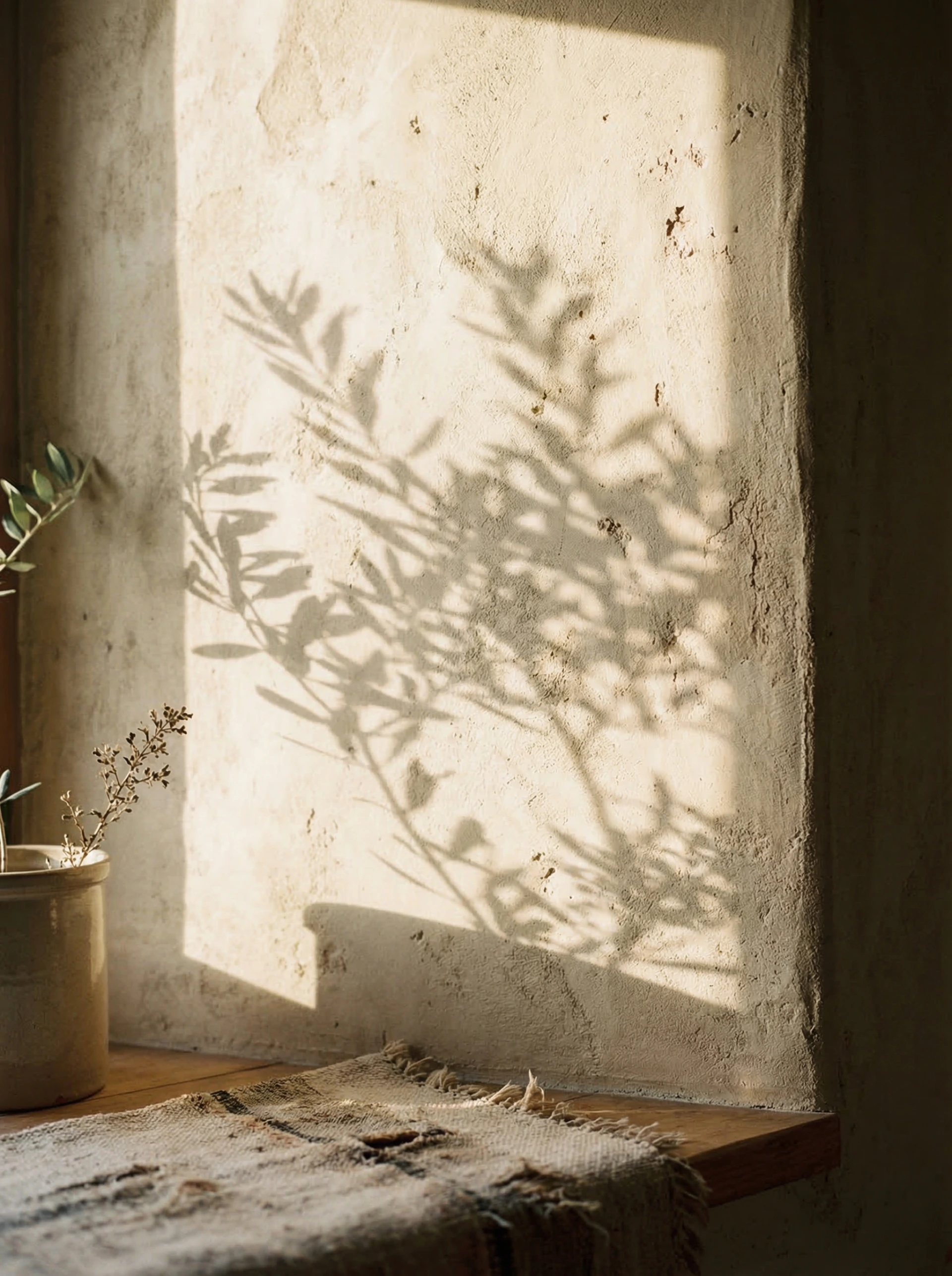 Morning golden light on textured lime plaster wall with olive branch shadow