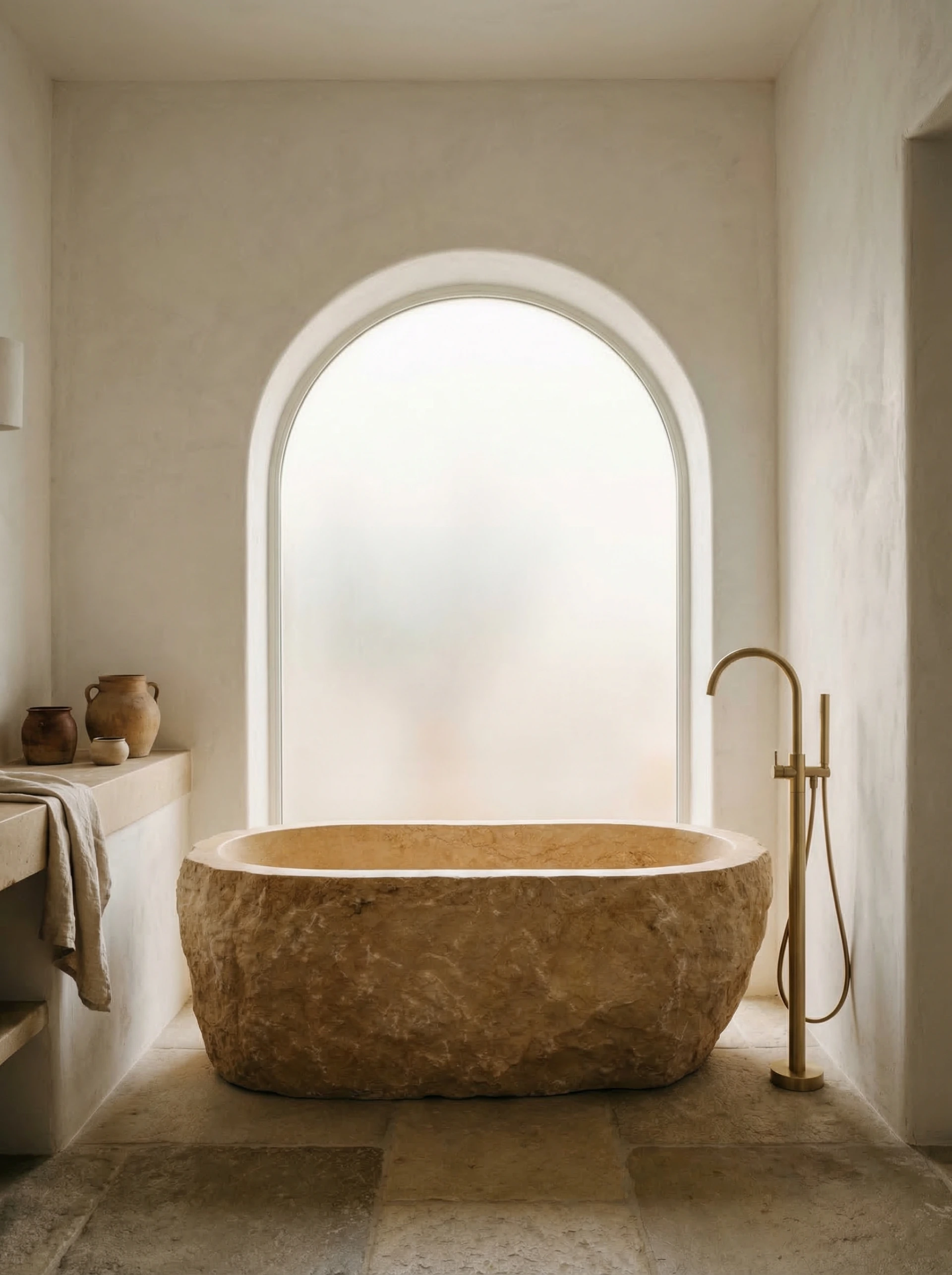 Monolithic carved stone bathtub in minimalist Greek bathroom with diffused light