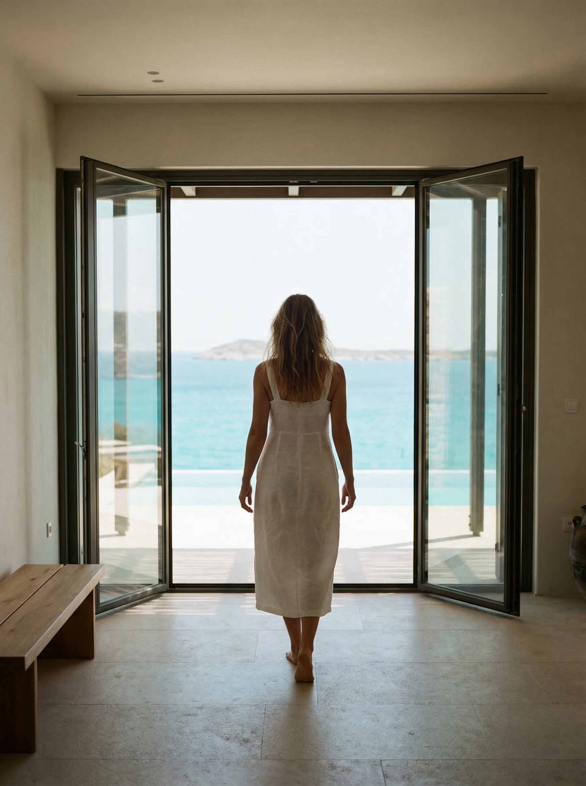 Woman in white linen walking toward open terrace doors with Aegean view