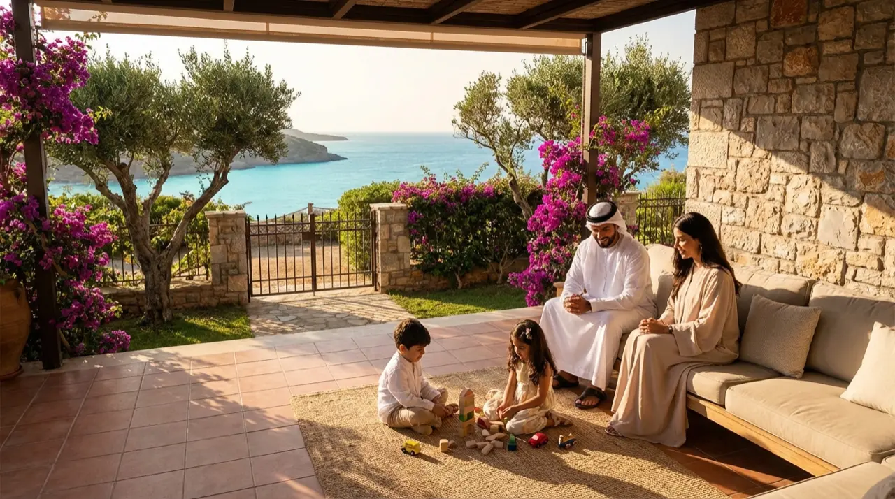 Arab family relaxing on private villa terrace in Greece