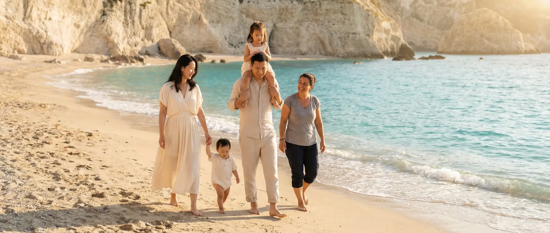 Family walking on a Greek beach at golden hour