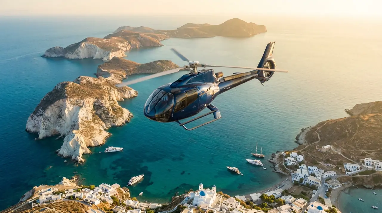 Private helicopter over Greek islands