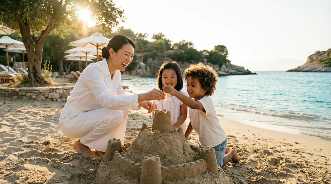 Nanny playing with children on Greek beach