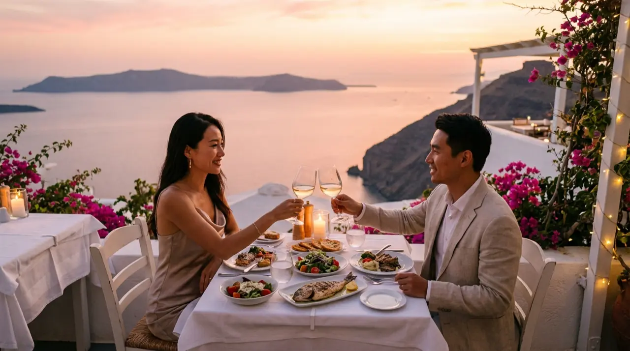 Couple enjoying sunset dinner in Santorini