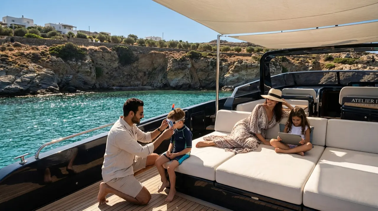 Family on private yacht in Greek islands