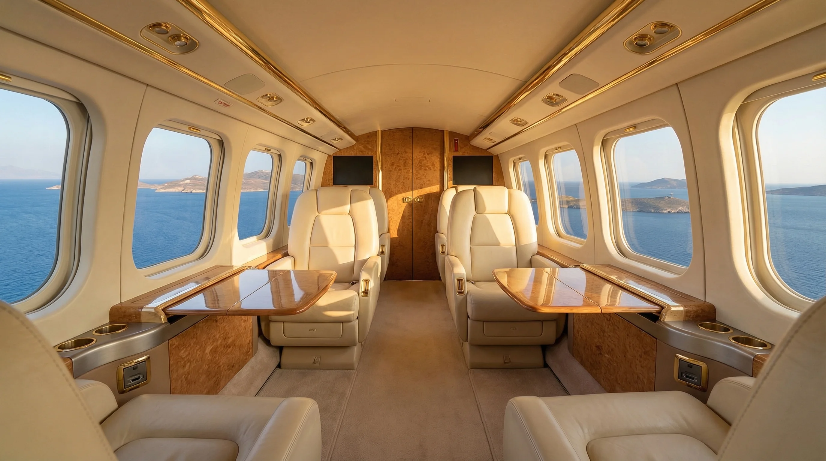 Luxury helicopter cabin with panoramic Aegean views
