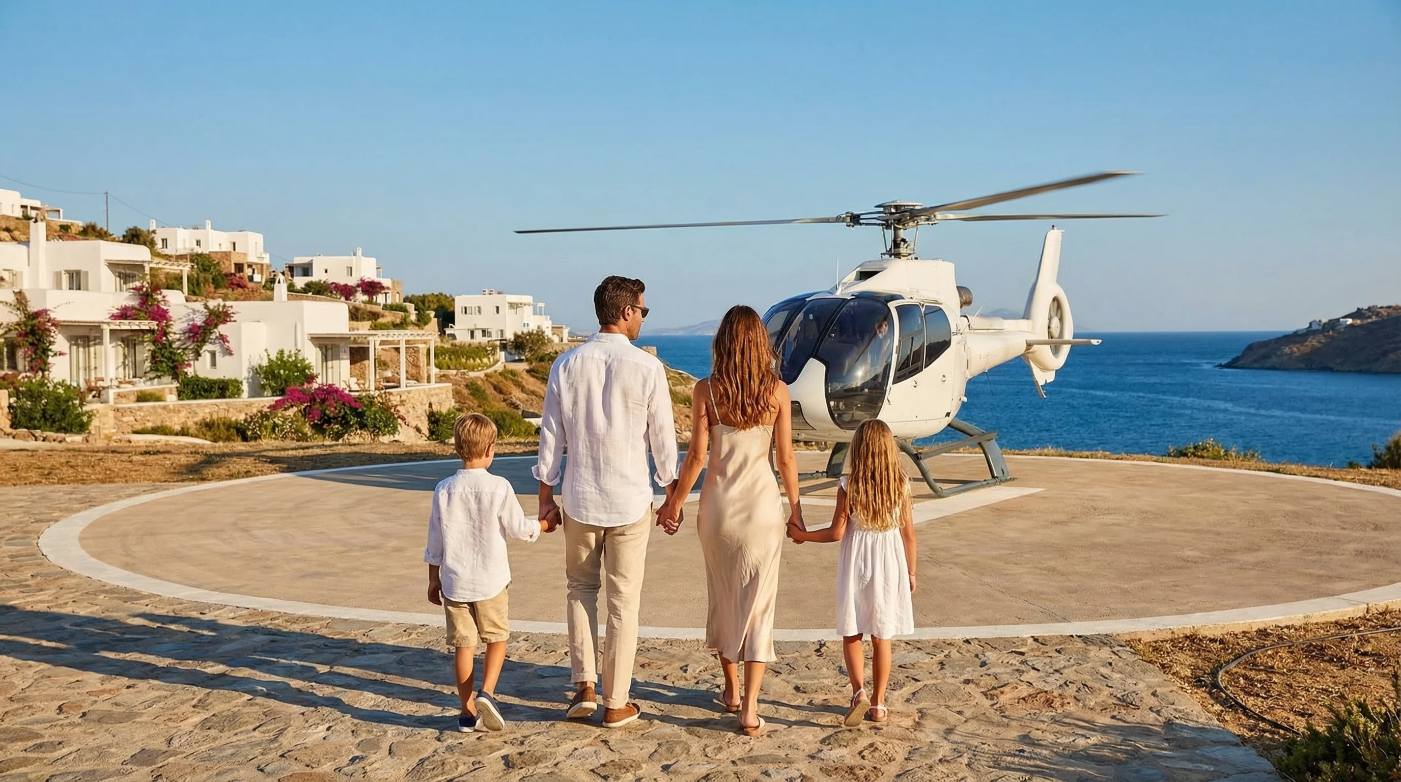 Family walking toward a private helicopter on a Greek island helipad