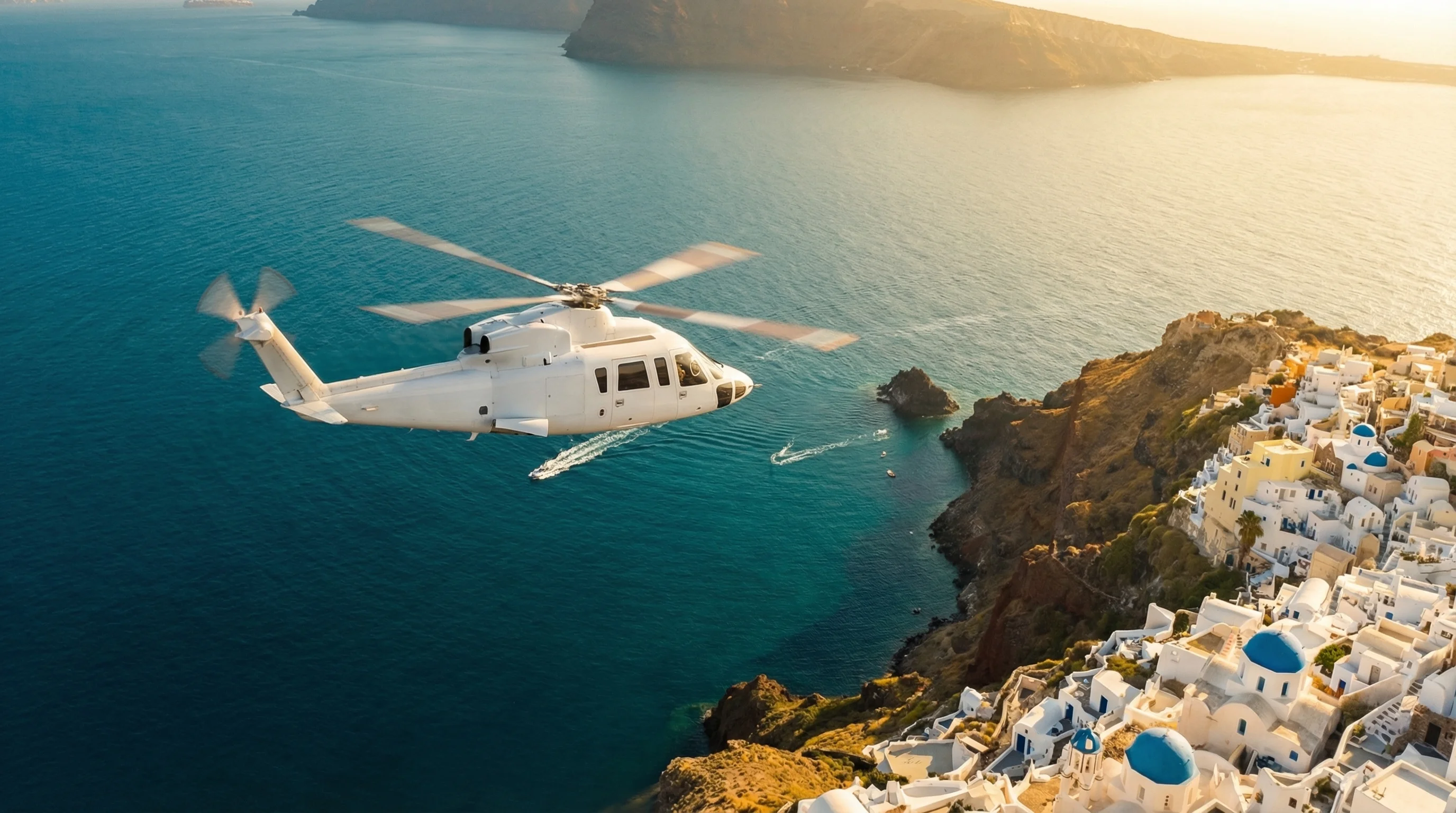 Private helicopter flying over the Aegean Sea at golden hour