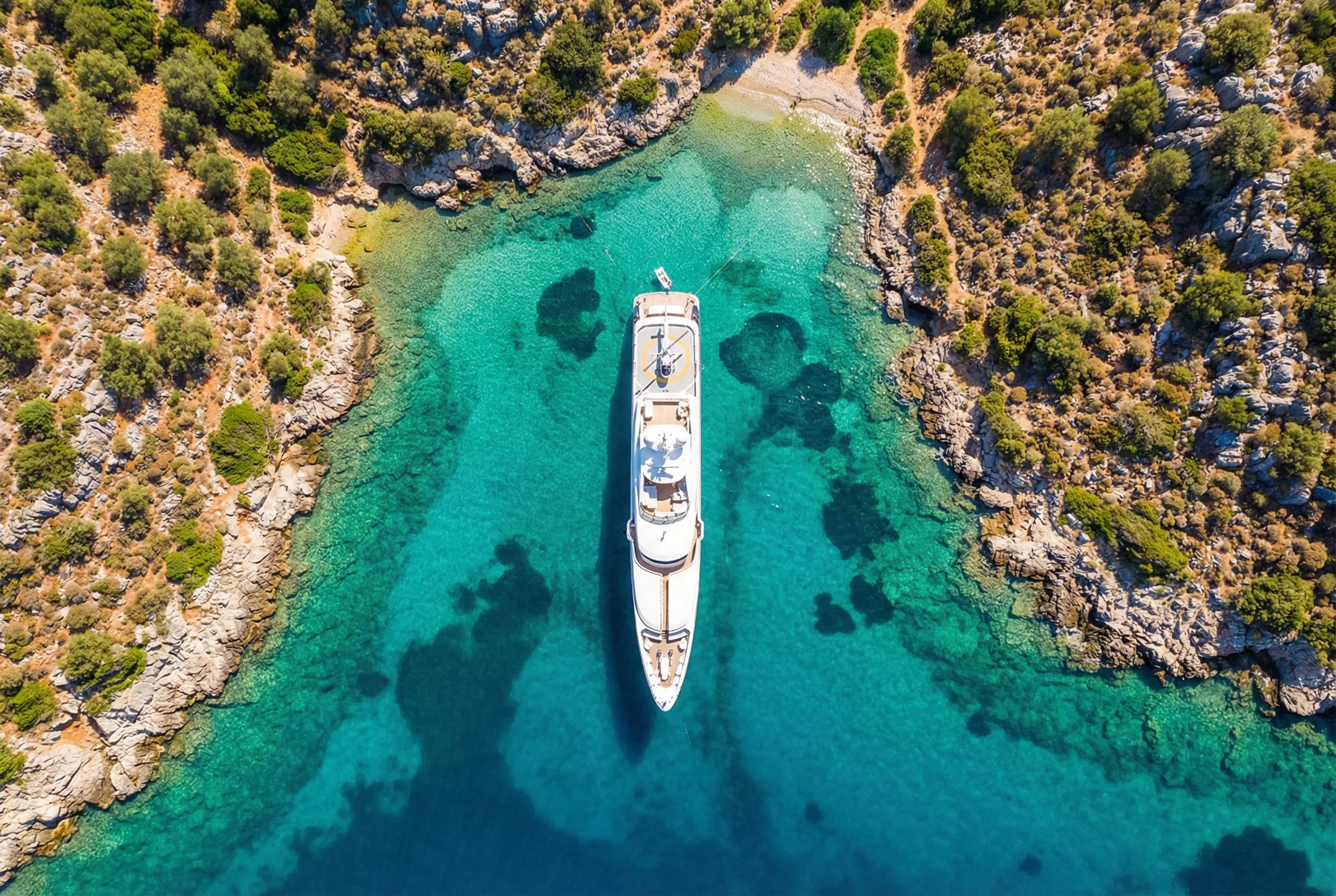 Aerial view of a luxury yacht anchored in a turquoise Greek island bay