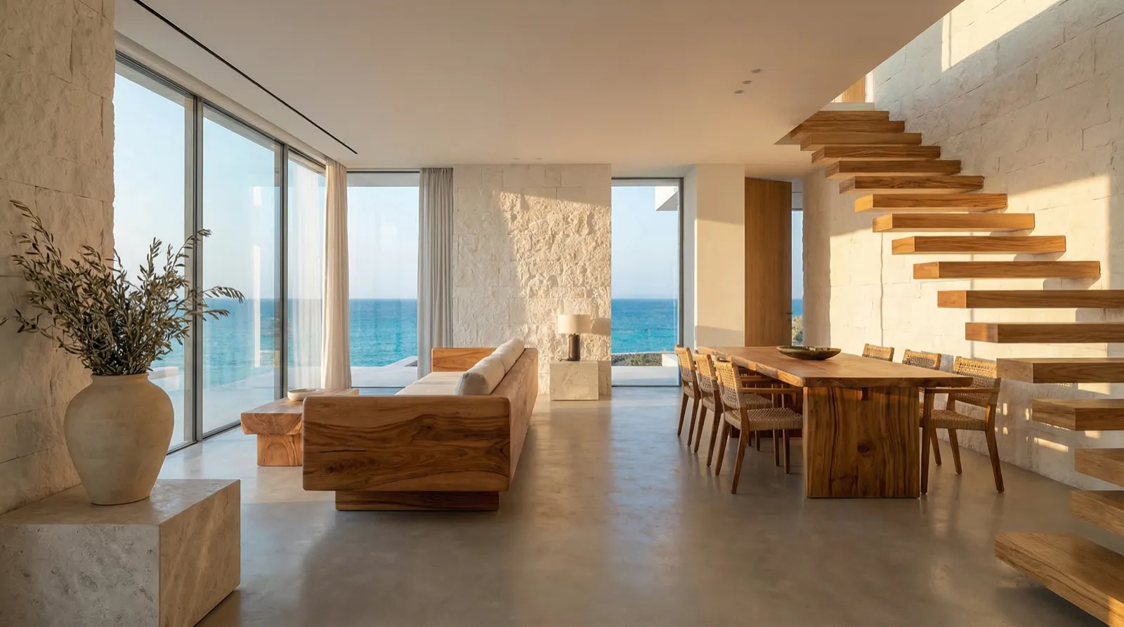 Sea-facing living room with stone walls and a sculptural wooden staircase