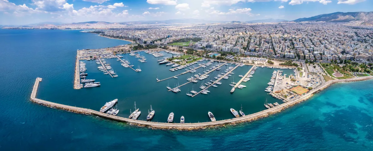 Aerial view of a marina and coastal neighbourhood