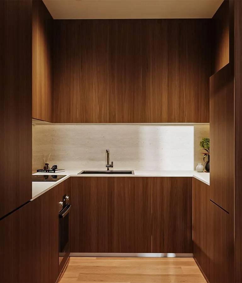 Design visual of a compact fitted kitchen