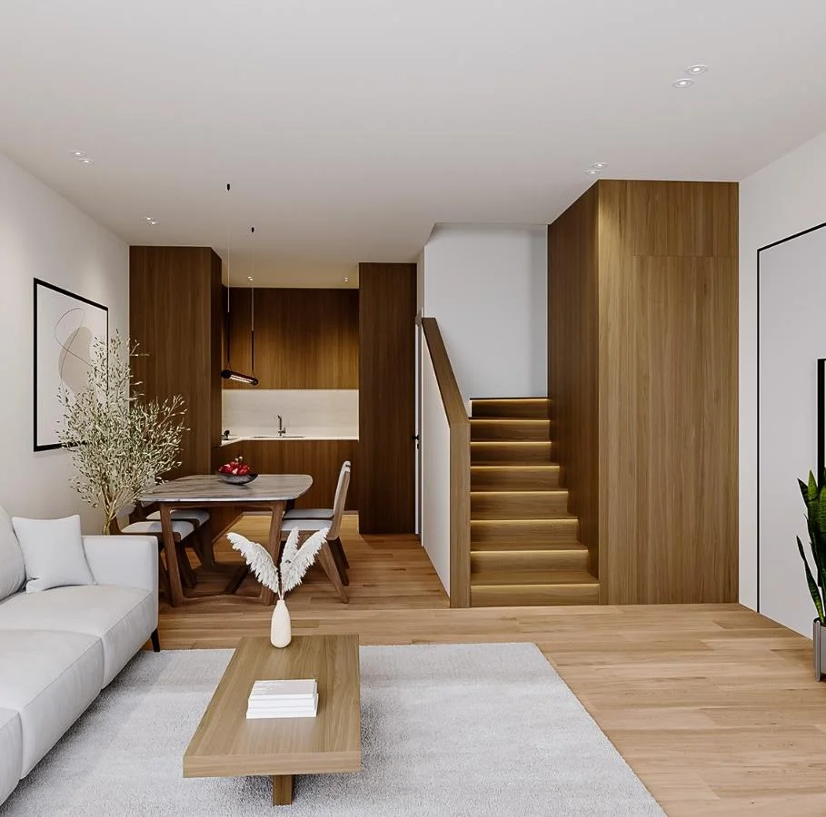 Design visual of a maisonette living area with dining table and stairs