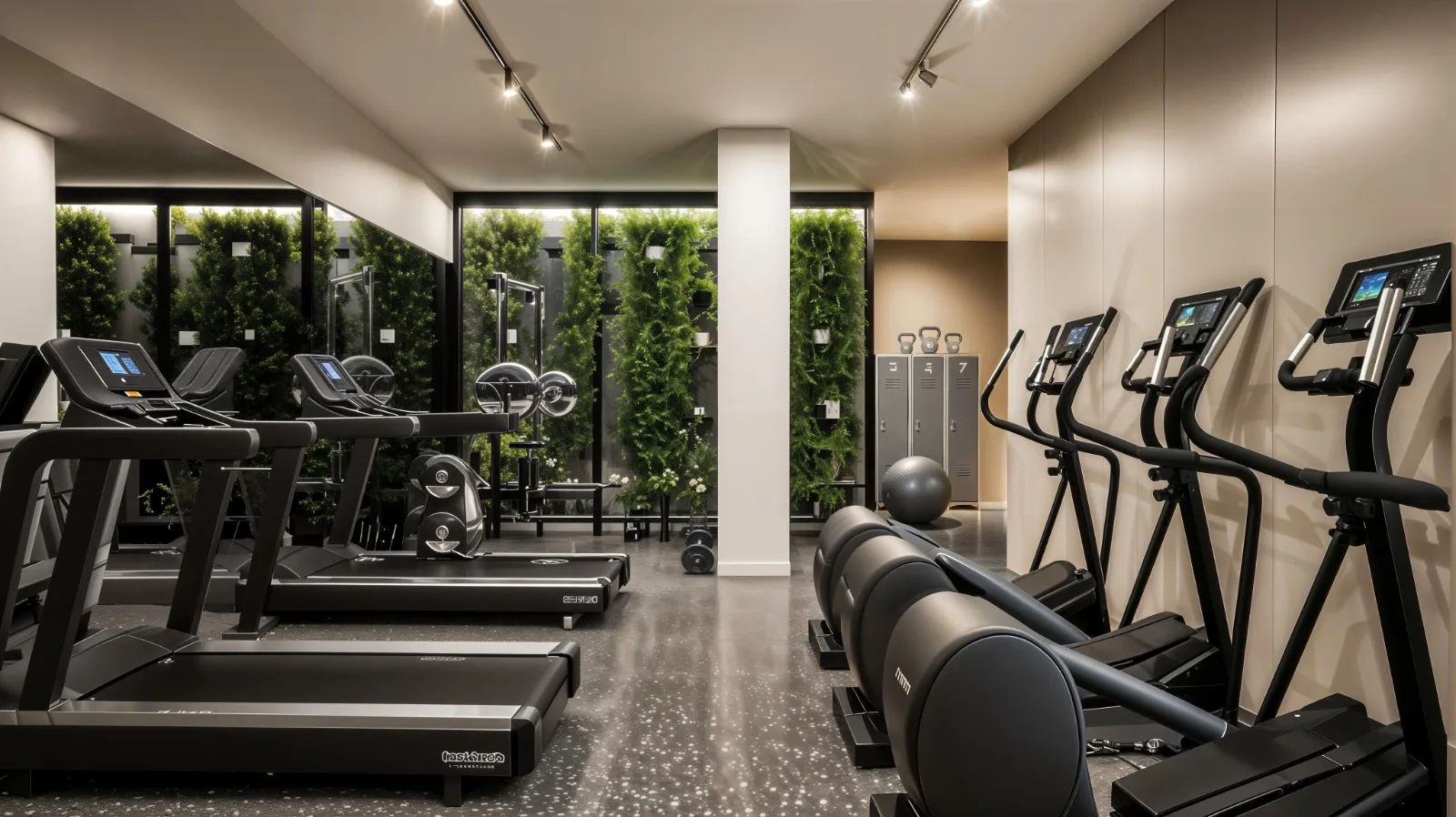 Residents' gym — 41.5 sqm private fitness facility with Technogym equipment