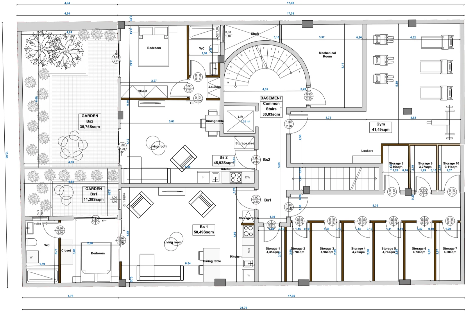 Central Athens Residences — Garden Floor architectural plan showing BS1, BS2, gym, 10 storage units, elevator and private gardens