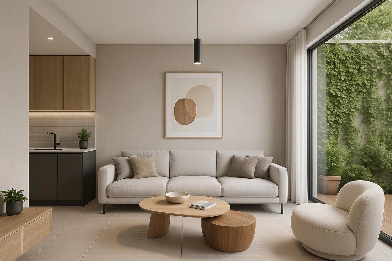 Modern interior with floor-to-ceiling windows and warm wood finishes
