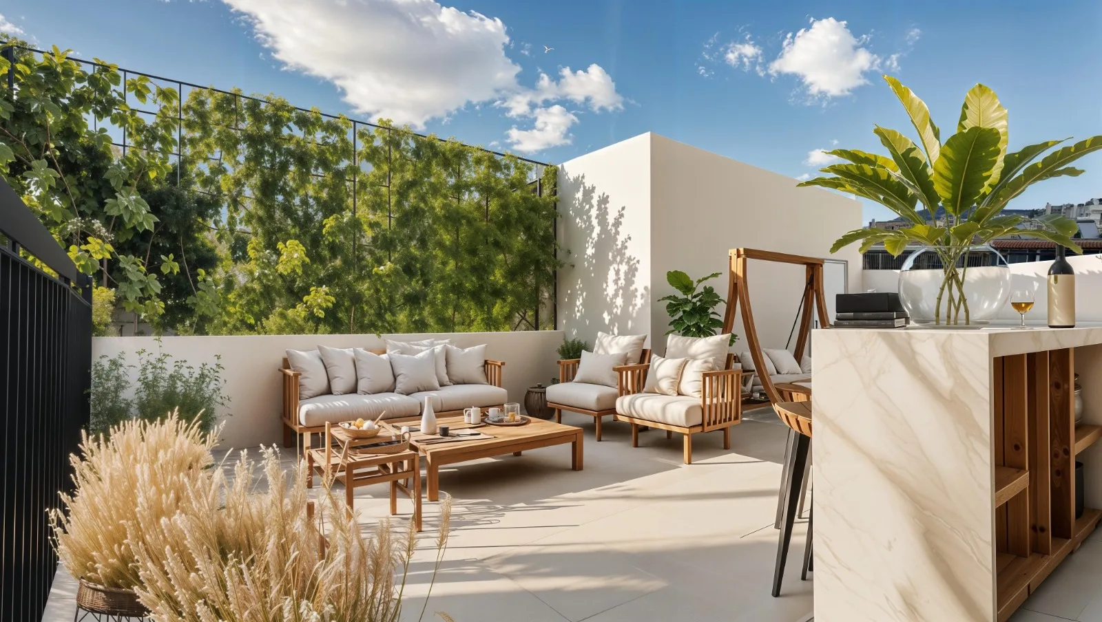 Rooftop garden terrace with outdoor dining, marble bar, and panoramic Athens views