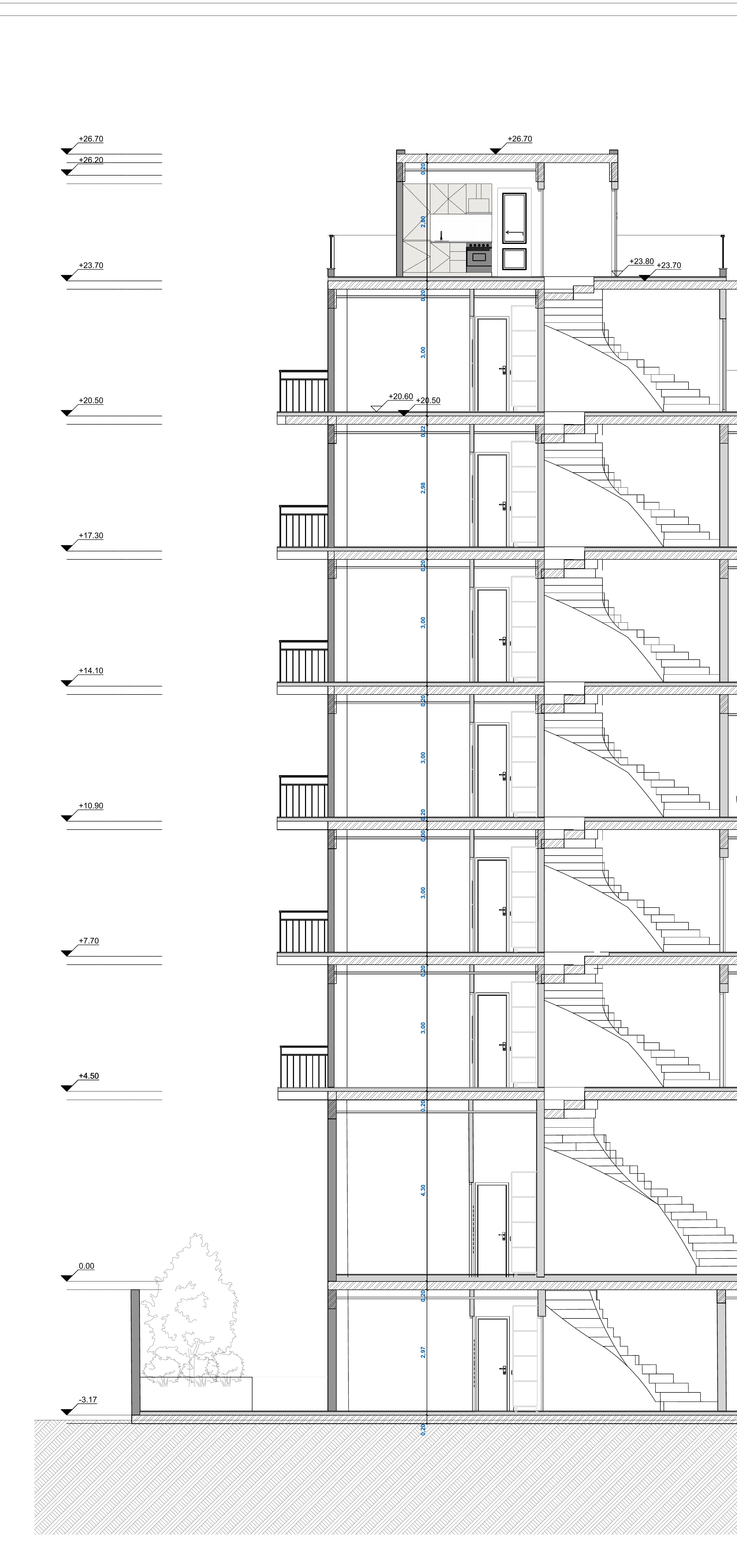 Architectural section drawing — 9-level reinforced concrete structure, 2.97 m floor height