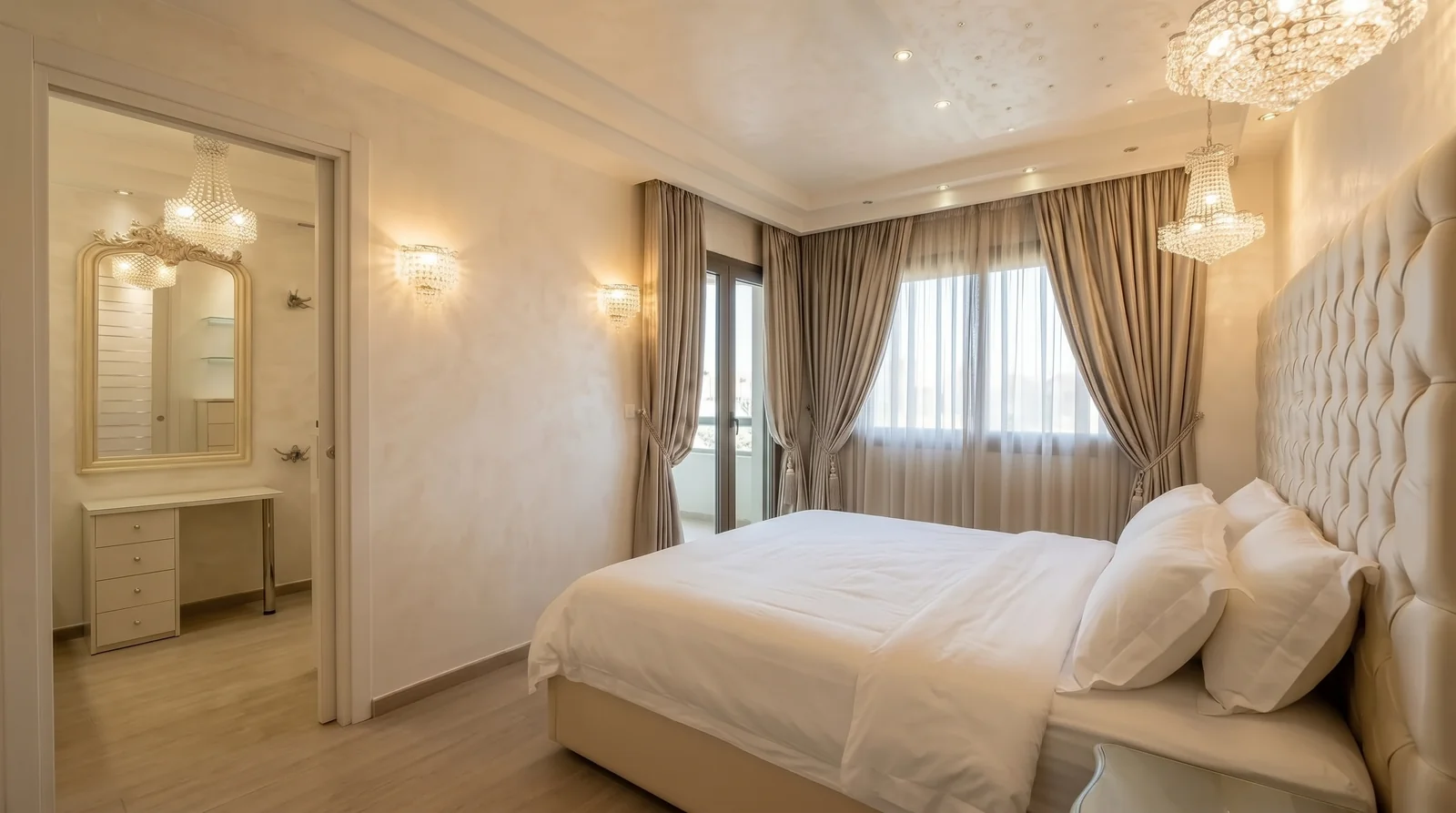 Alternate angle of the master bedroom with Capitonné silk headboard