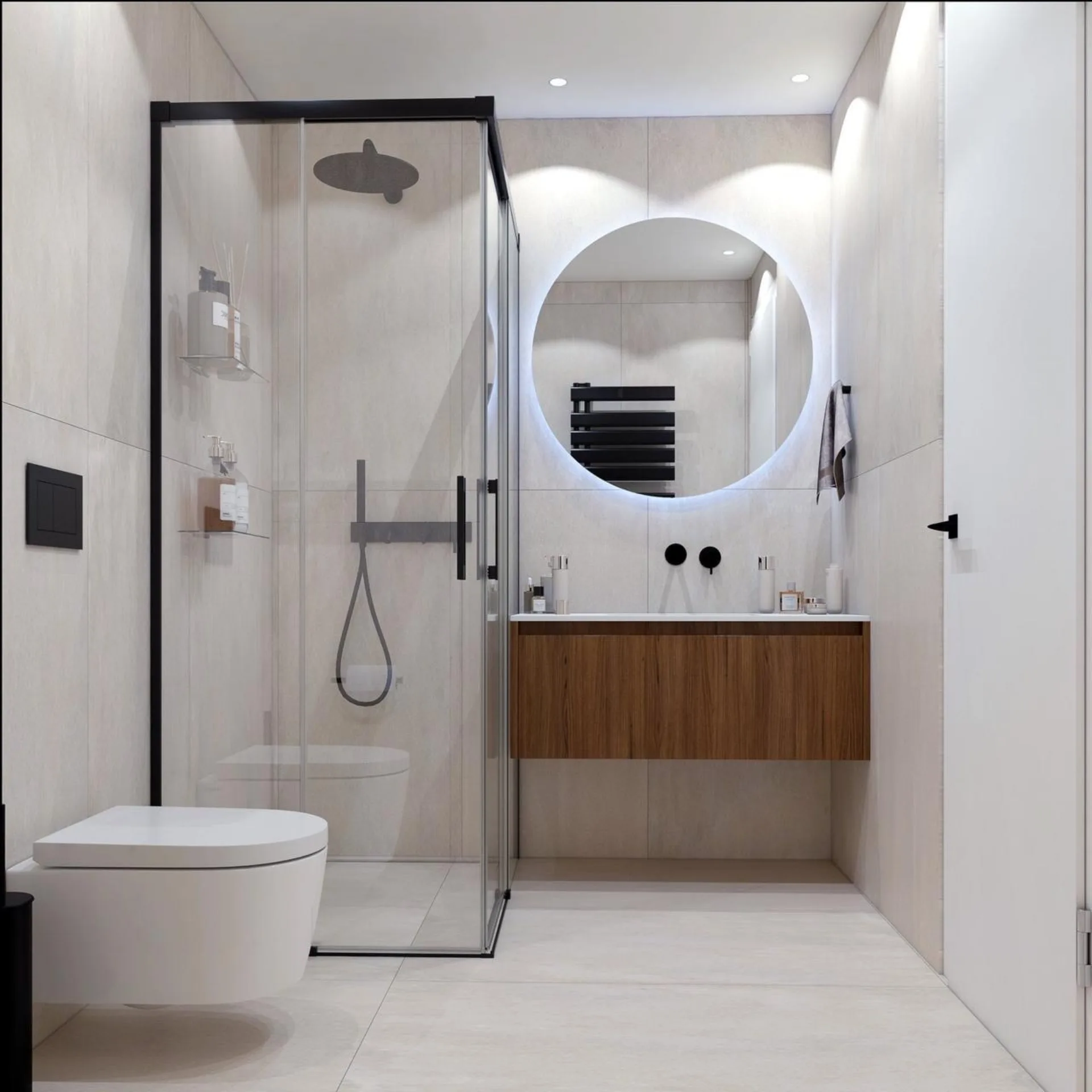 En-suite bathroom — Rain shower and illuminated mirror