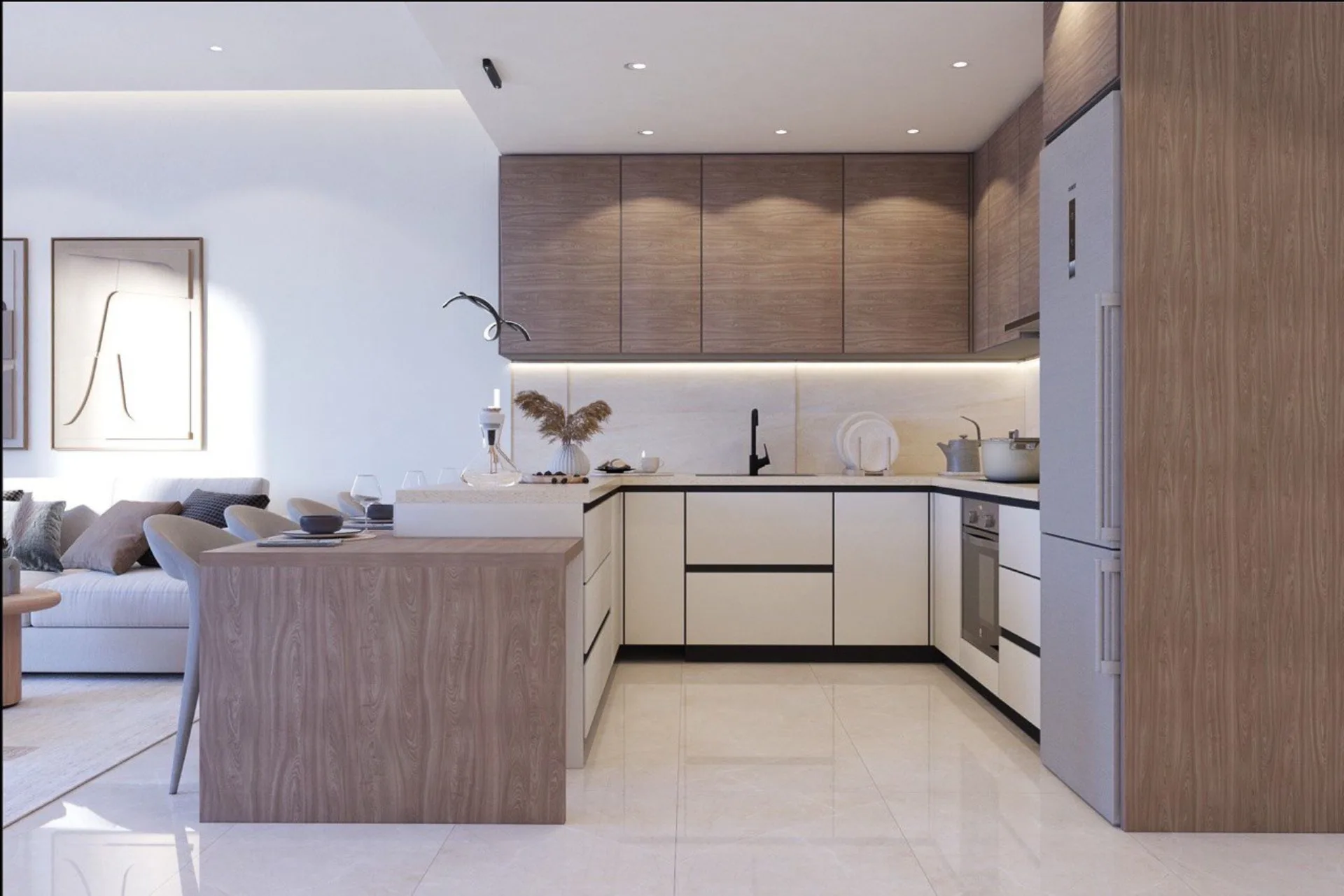 Mela Athens Residences — Premium kitchen with wood veneer island and integrated appliances