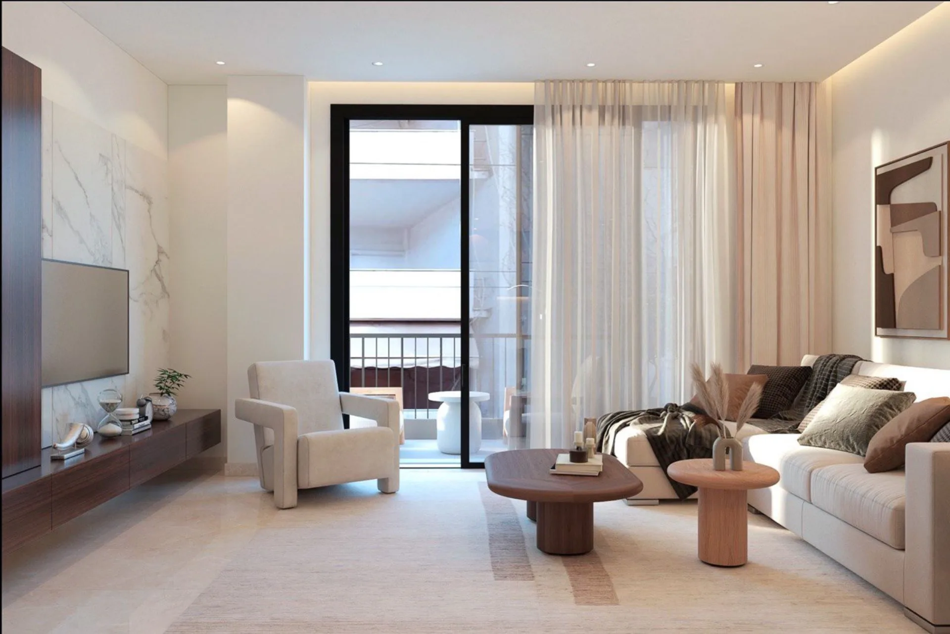 Mela Athens Residences living room with modern furnishings
