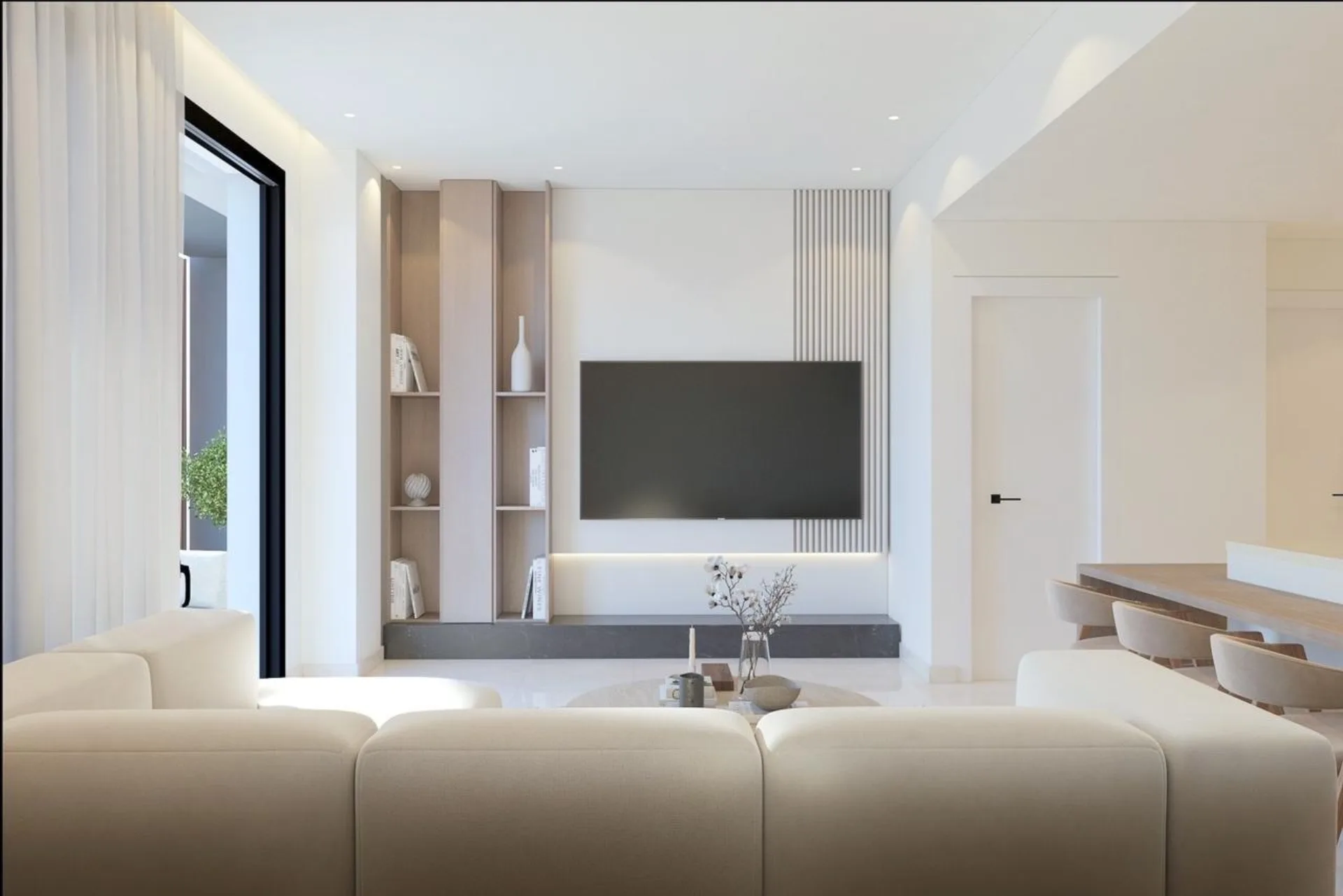 Mela Athens Residences — Bright open-plan living with balcony access
