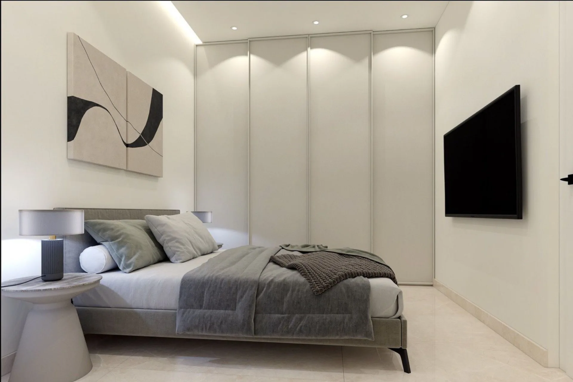 Master bedroom — Warm wood veneer and soft lighting