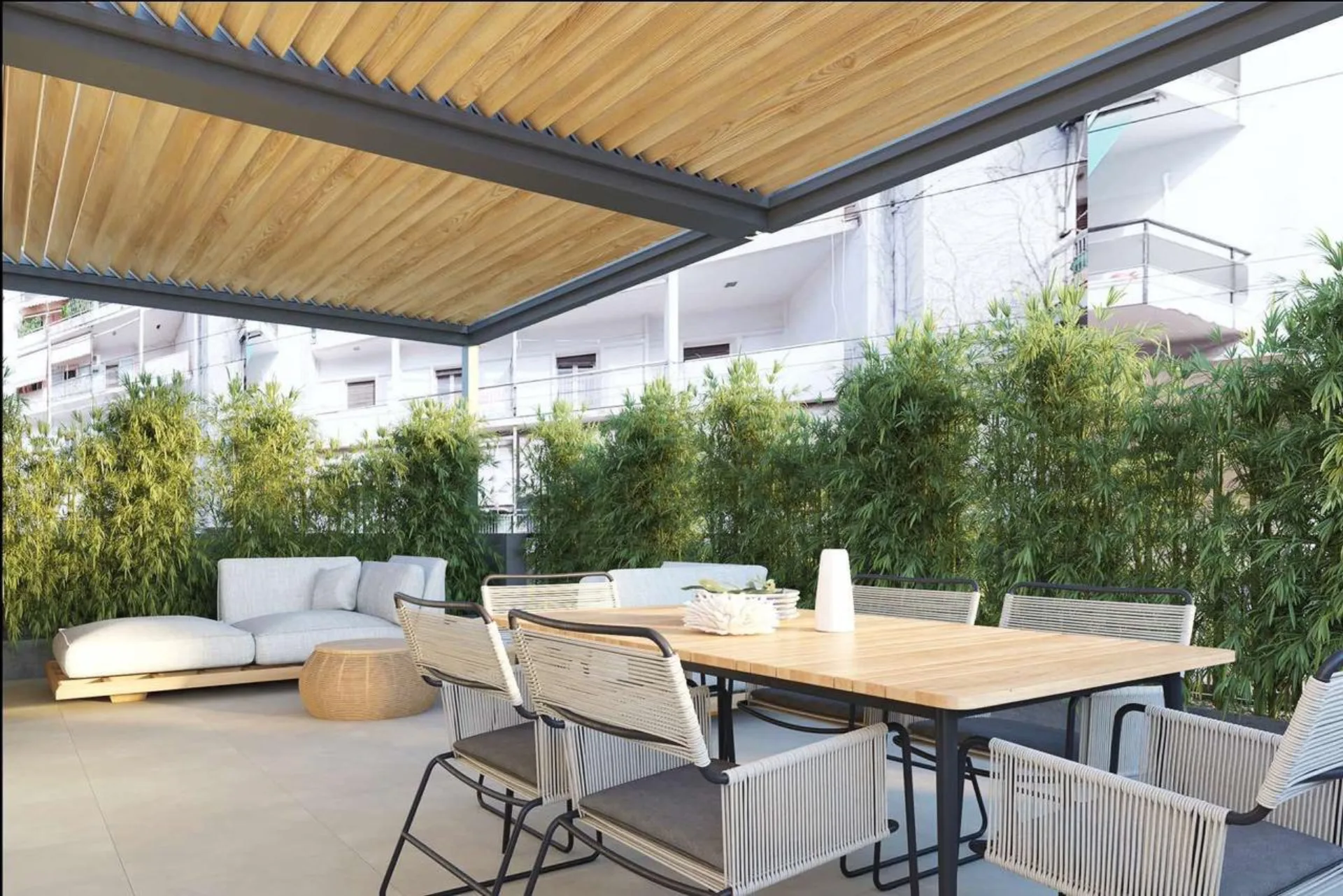 Mela Athens Residences — Rooftop terrace with pergola and neighbourhood views