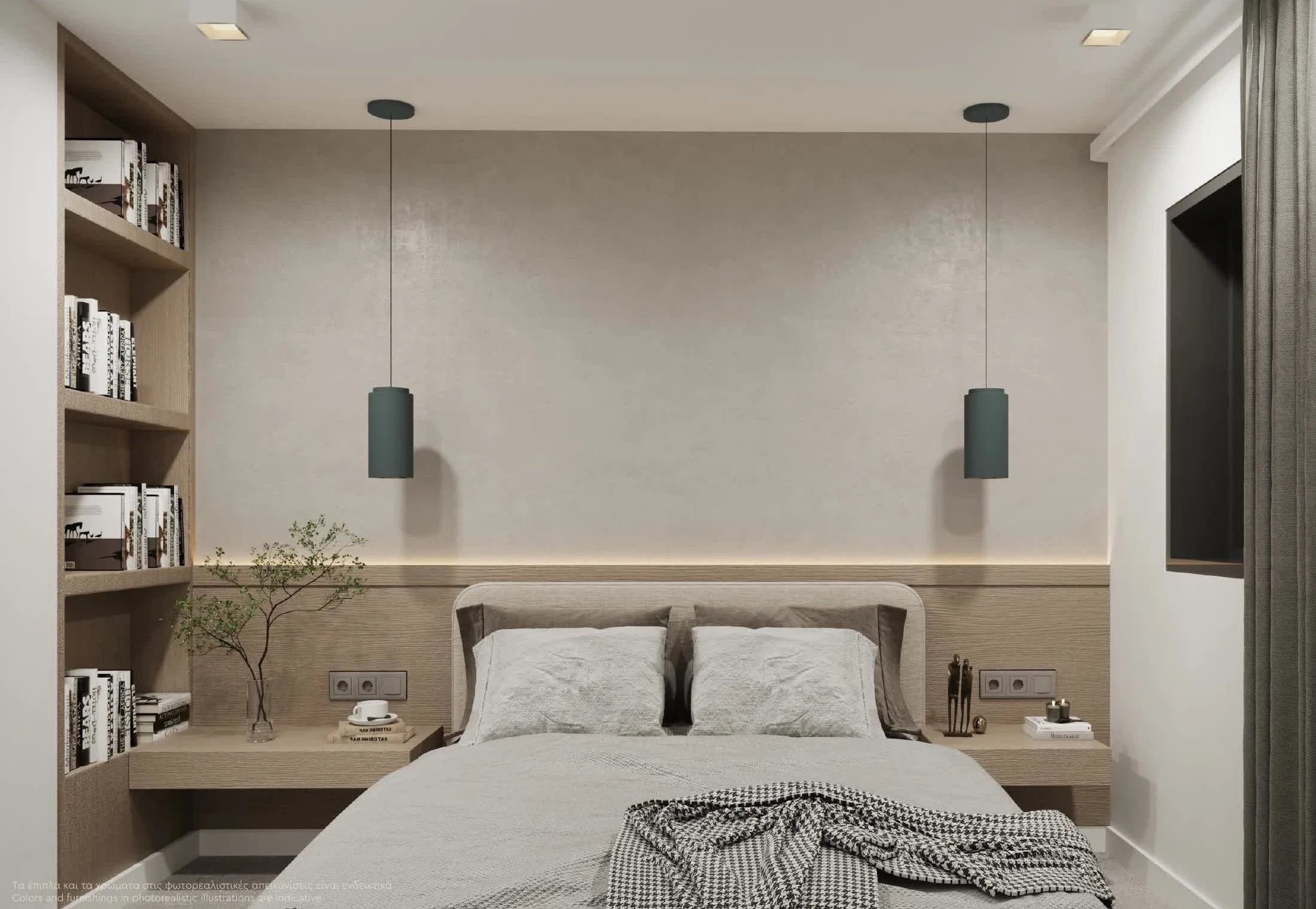 Minoas Residences Athens — Bedroom with pendant lighting, built-in shelving, and warm neutral palette