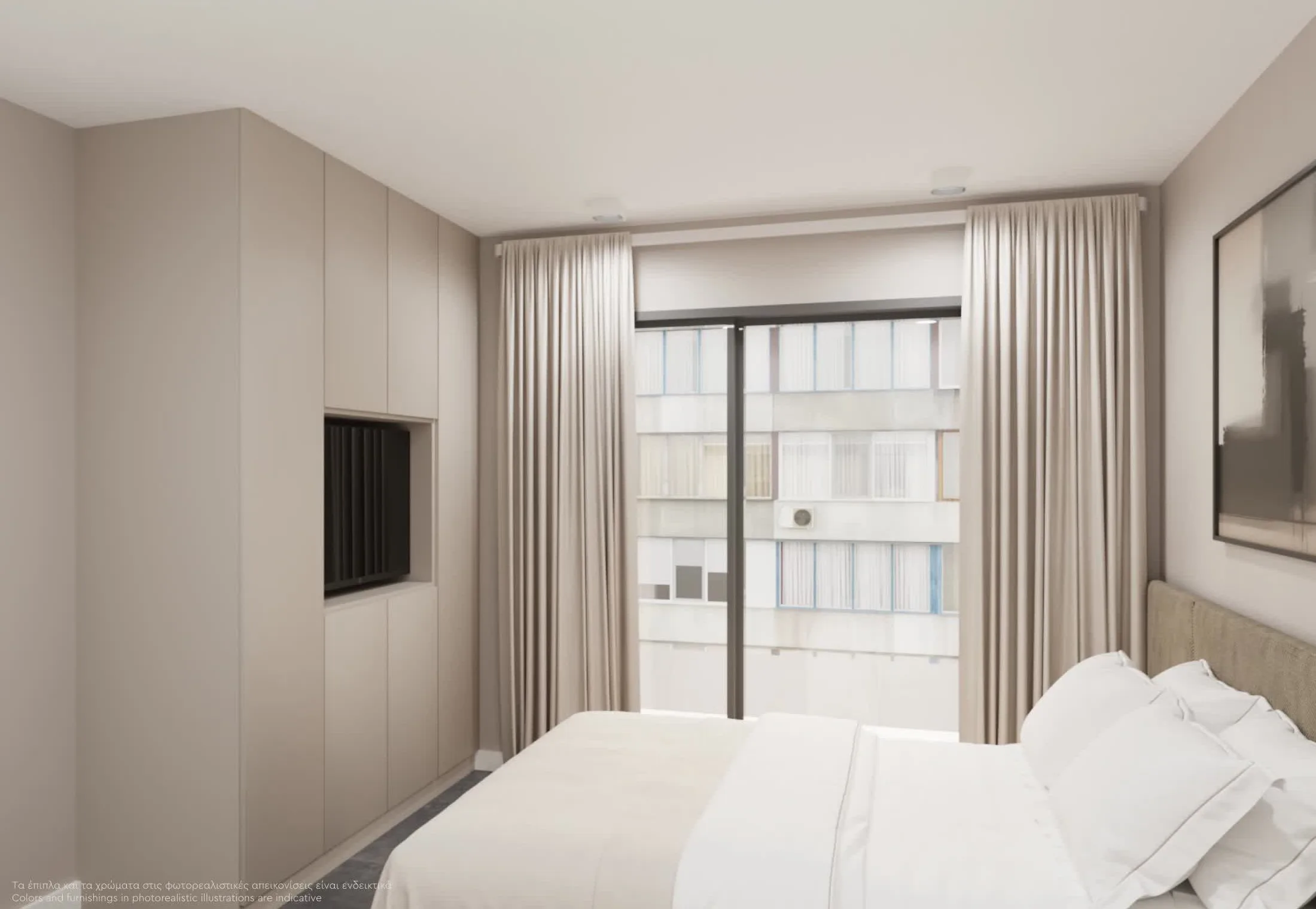 Minoas Residences Athens — Bedroom with integrated wardrobe, TV niche, and floor-to-ceiling glazing